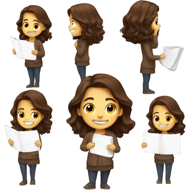 girl with long brown hair and smile, loves notes and stu emoji