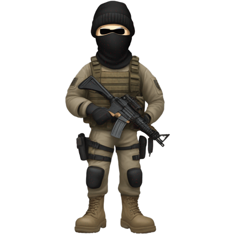 White male, call of duty black mask, camo tactical gear, tan combat boots, black beanie, blue eyes emoji