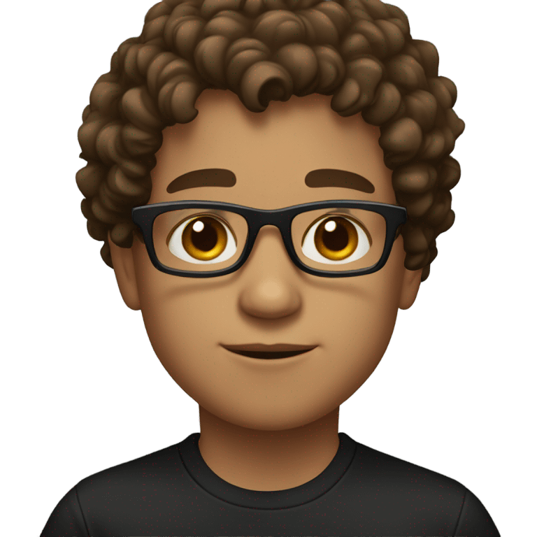 A boy with brown curly hair and black glasses with brown eyes and a black shirt emoji