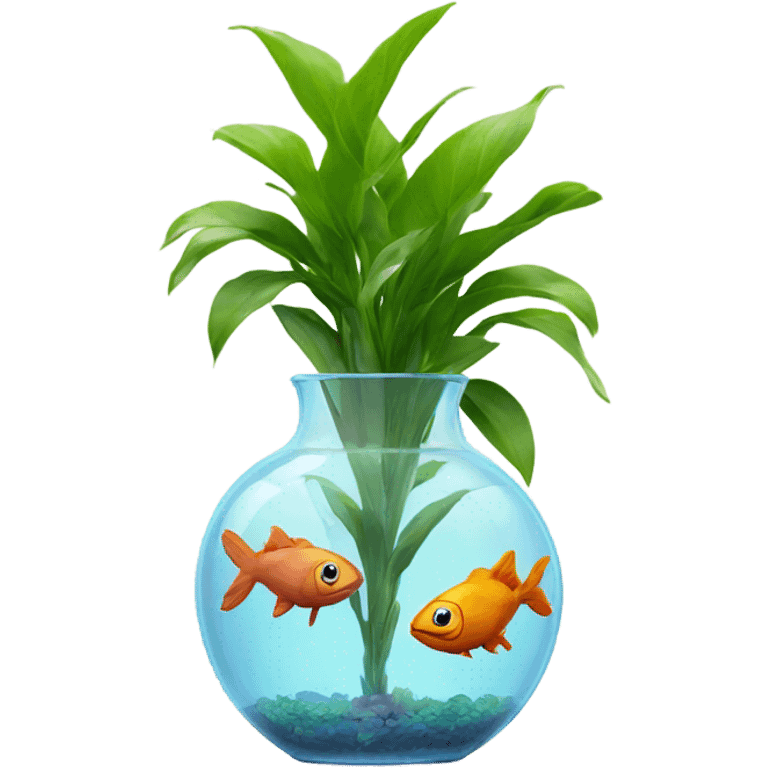 fishes in a clear vase with a plant emoji