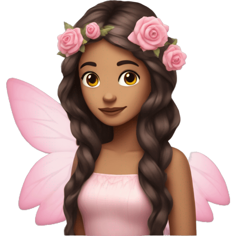 Beautiful, rose, fairy, pink, flowers in hair, long dark brown hair, big wings, fair skin emoji