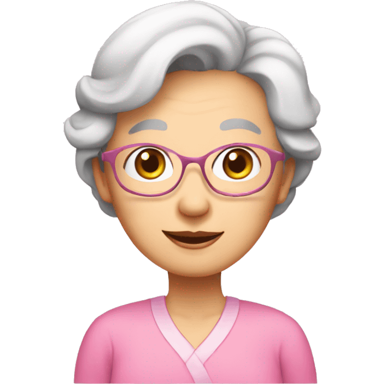 Asian, old lady, big eyes and smile, pink shirt emoji