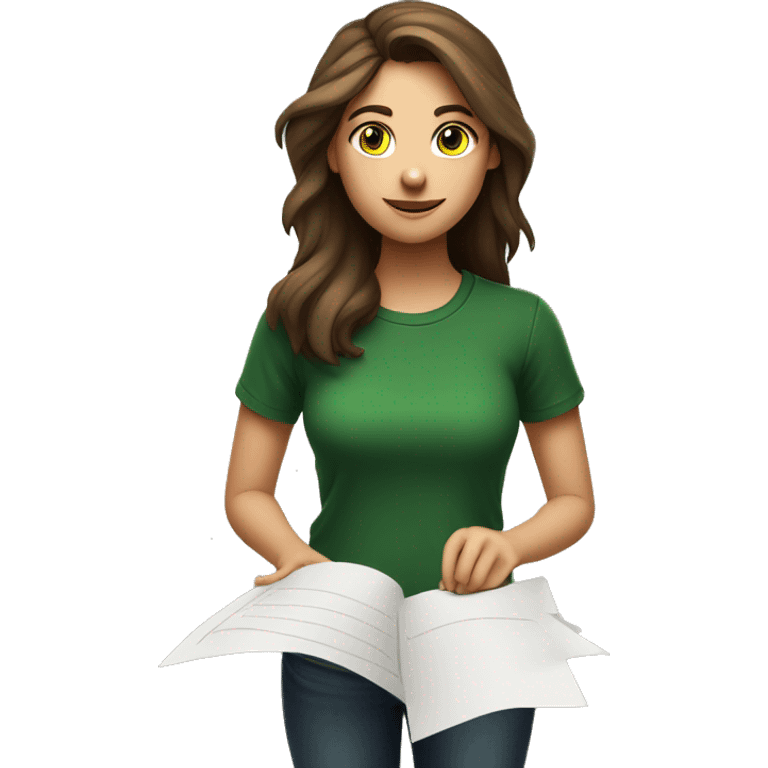 a brown-haired girl in a black T-shirt and green shirt holds a contract on paper in her upraised hand above her head emoji