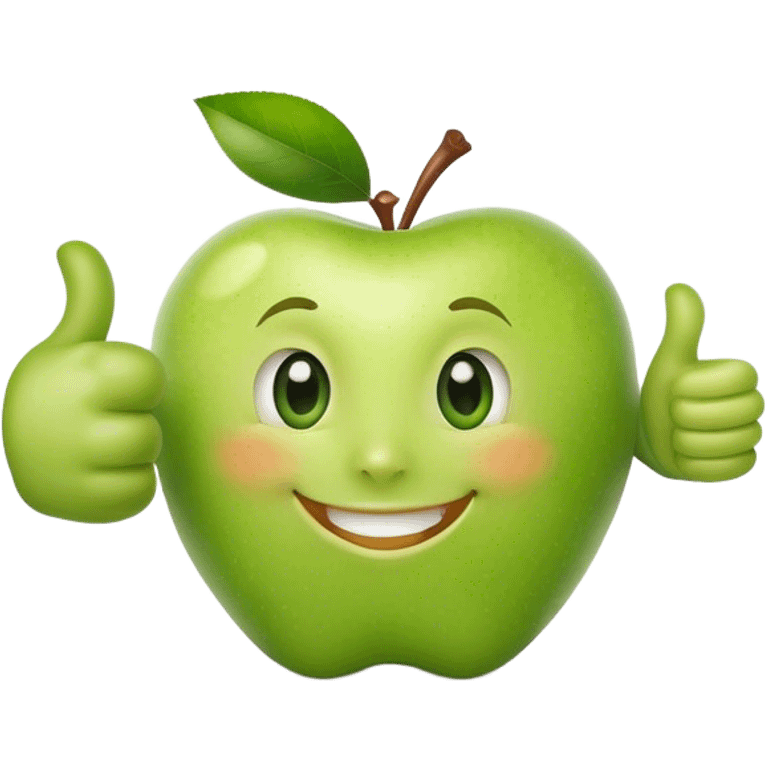 A green apple with a big smile and expressive eyes giving a thumbs-up emoji