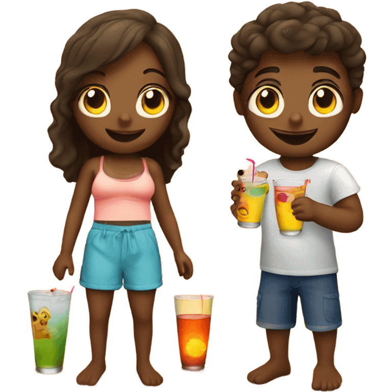 Boy and girl at the beach with sunset and drinks emoji