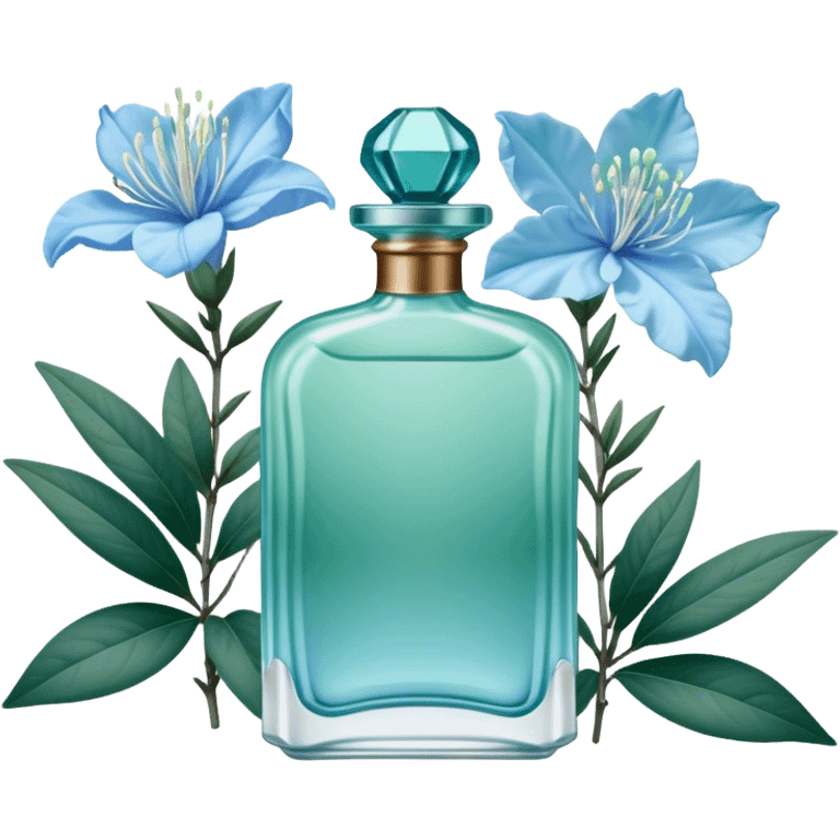 Aesthetic ensemble of soft blue azaleas alongside a charming vintage green perfume bottle.
 emoji