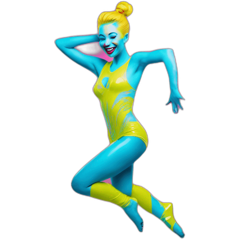 Sexy Neon sign shows laughing caucasian model dancer in tasteful body paint from side emoji