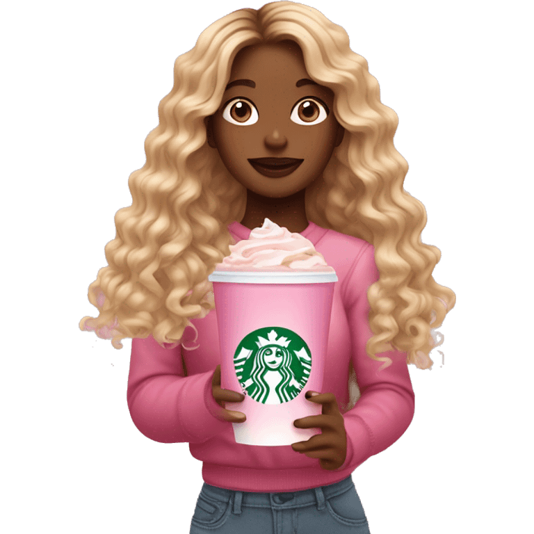 girl with brown and blonde ombré long curly hair holding Pink starbucks refresher emoji