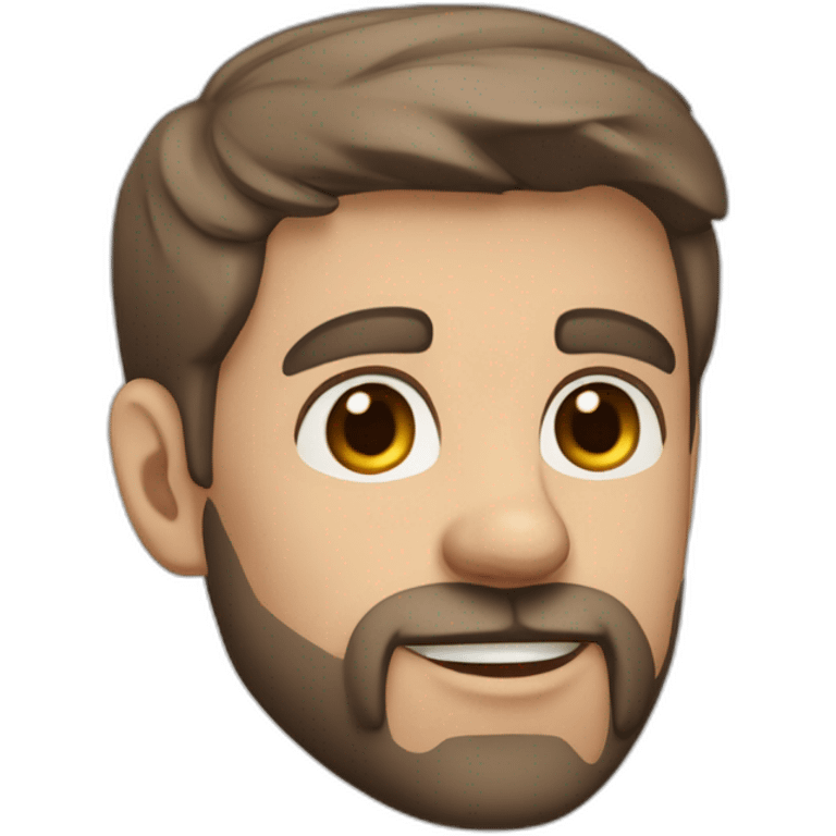 A young Caucasian man with dark brown, almond-shaped eyes, short dark brown hair, and a small dark brown beard with a more prominent mustache. emoji