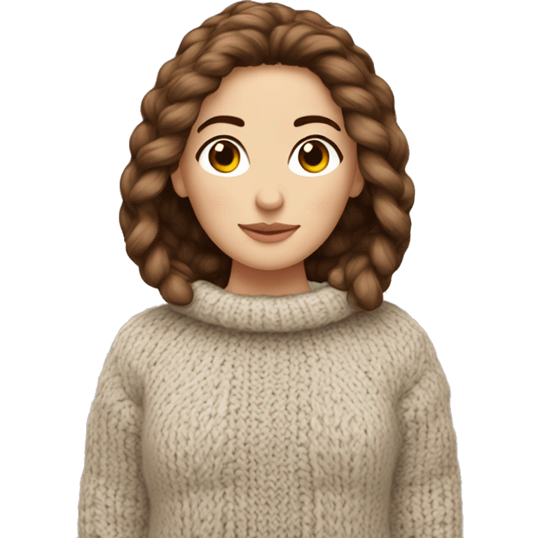 white girl brown hair in knitted cod cozy sweater  emoji