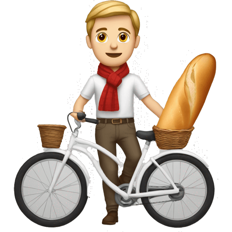 white parisian white man with a stripped white shirt, on a bike, wearing a red scarf and holding a baguette emoji