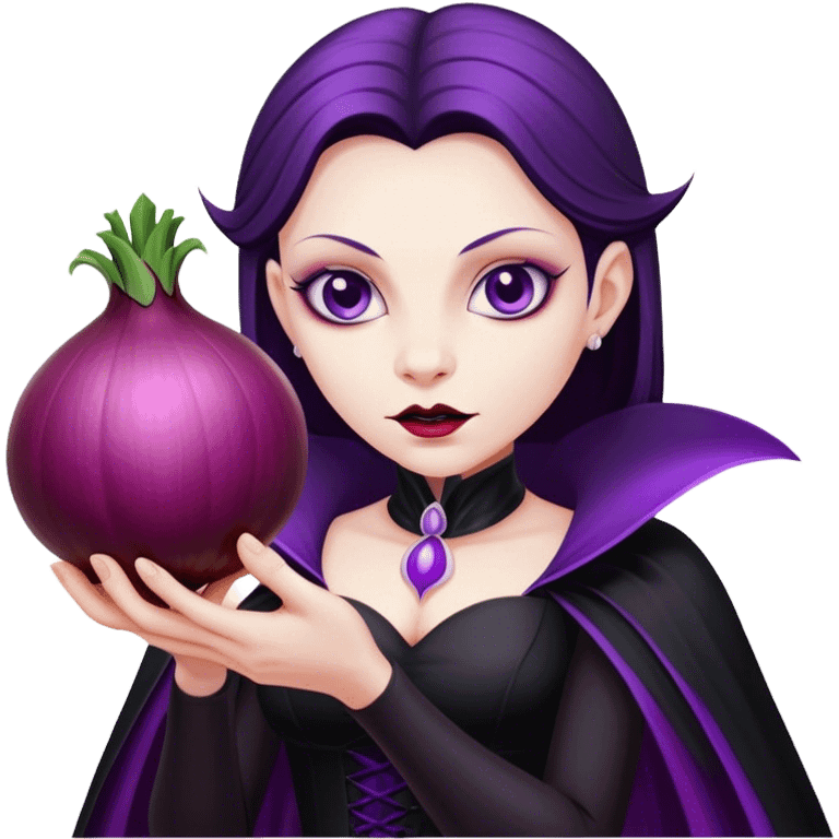 The vampire in black dress, holding a big violet onion  emoji