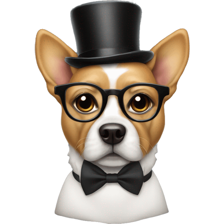 dog wearing a bow tie top hat and a spectacle emoji