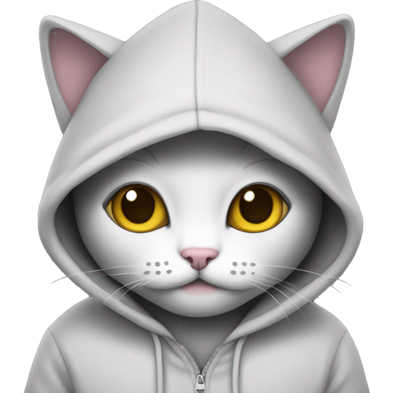 Kitty wearing a hoodie that’s black emoji