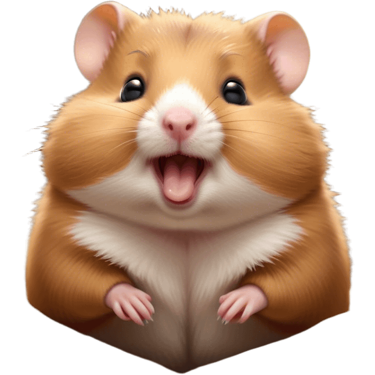 Cinematic Cute Yawning Brown Hamster Portrait Emoji, Head tilted slightly with a dramatic, wide-open yawn, showcasing a smooth, rich brown fur with tiny droopy ears, round dark eyes barely open in drowsy contentment, Simplified yet irresistibly adorable features, highly detailed, glowing with a soft, cozy glow, high shine, relaxed yet expressive, stylized with a touch of whimsy, bright and endearing, soft glowing outline, capturing the essence of a sleepy yet affectionate hamster, so drowsy it feels like it could stretch out of the screen and curl up for a nap! emoji