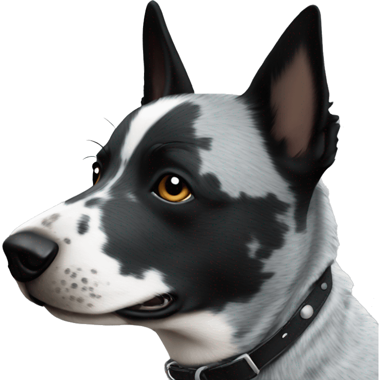 Blue heeler that is black and gray with black and white face emoji