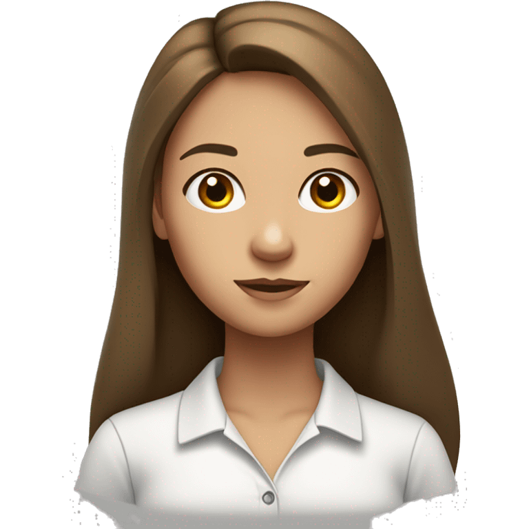 girl with long brown hair black eyes, round face, teacher, wearing white polo emoji