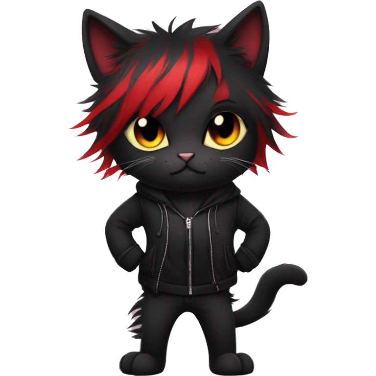 Anthro Edgy Cool Beautiful Black Cat-Fursona with Emo Hair-bangs with Red Streaks emoji