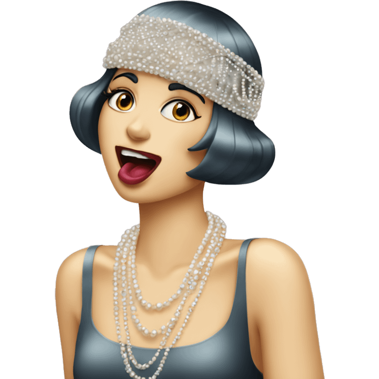 A roaring ’20s flapper emoji blowing kisses with pearl necklaces emoji