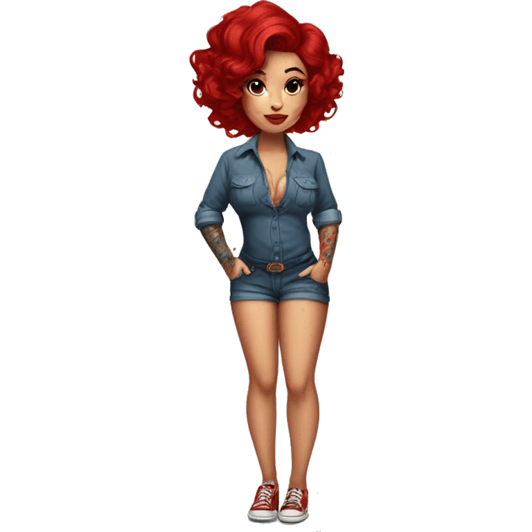 Pinup dark hair and tattoos with red hair and a full length shirt emoji