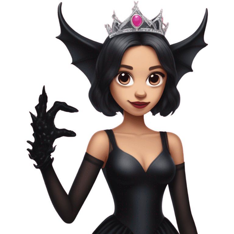 low cut back black evening gown with see-through gloves, Jenna Ortega as Addams woman prom queen wearing a mini tiara, very large blood  pink evil-looking horned old dragon companion emoji