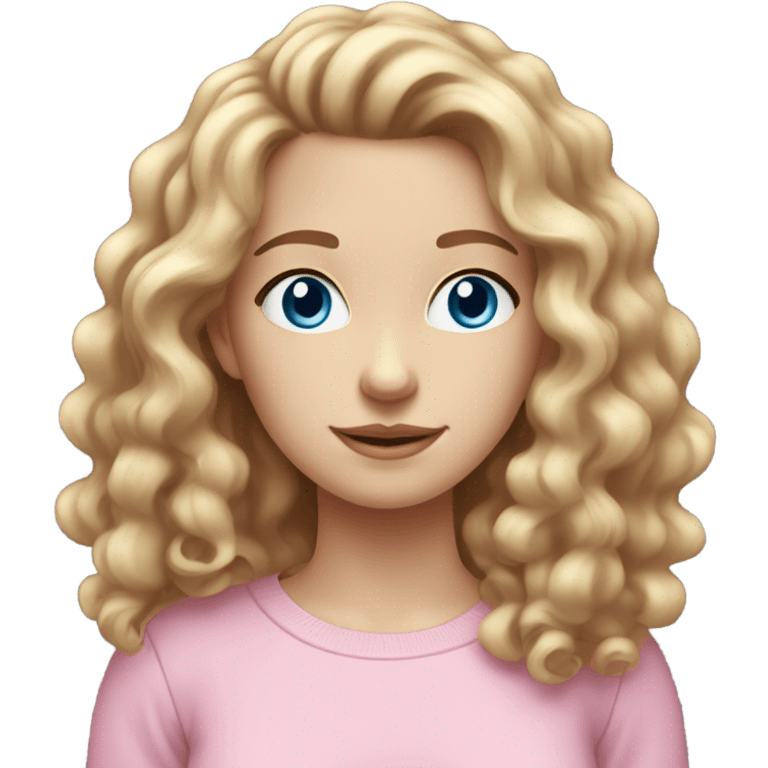 Pale skinned young female with brown curly hair and blue eyes wearing a pink crewneck emoji