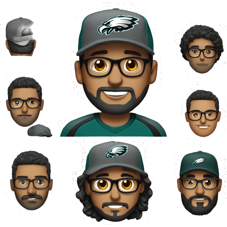 Hispanic man freckles black hair dark grey beard Philly eagles cap and shirt and glasses  emoji