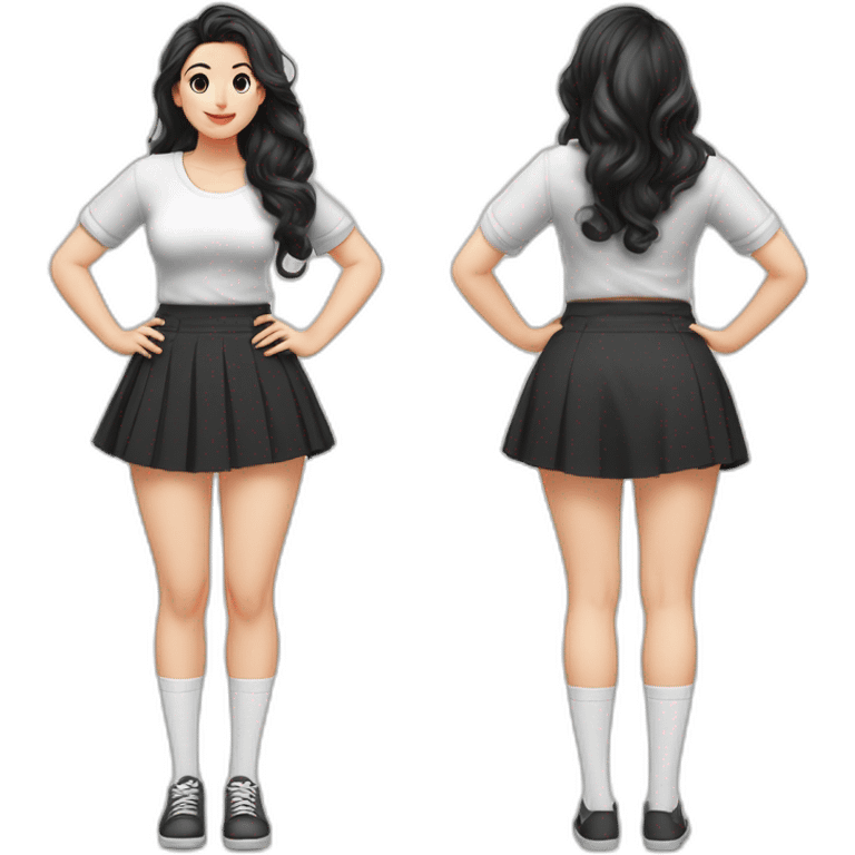 full-body-caucasian-curvy-beauty-наклоняется к земле-short-black-skirt-back-and-front-views-strong-wind-knickers-long-white-socks emoji