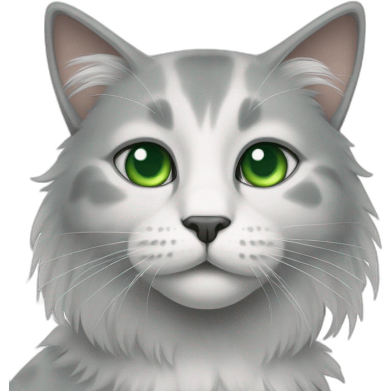 a gray and white cat with green eyes and long hair and a gray spot on the right side of the nose emoji