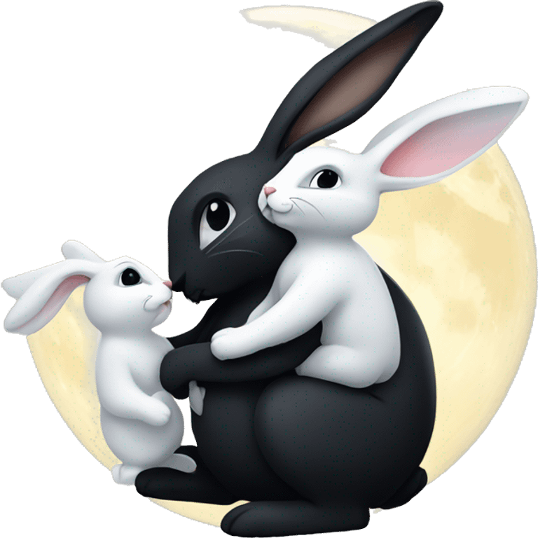 Black rabbit hugging white rabbit with moon behind them emoji