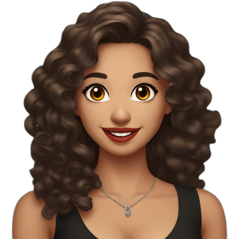 young moroccan woman with dark brown eyes, brown long curling hair with lighter tips, red lips, big smile, cleavage black dress emoji