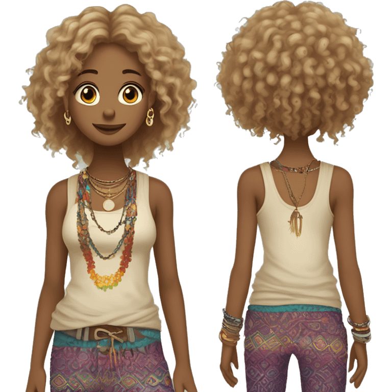 Hippie girl with curly dirty blonde hair, hazel eyes, baggy colorful pants and a tank top, LOTS OF bohemian bracelets and jewelry emoji