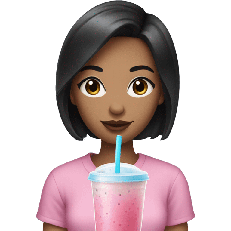 23 years old woman with Black short hair an blue eyes holding a pink bubble tea emoji