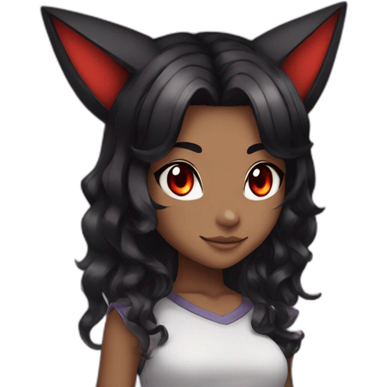 pokemon girl, cat ears, black hair, wavy hair, red eyes, black sclera emoji