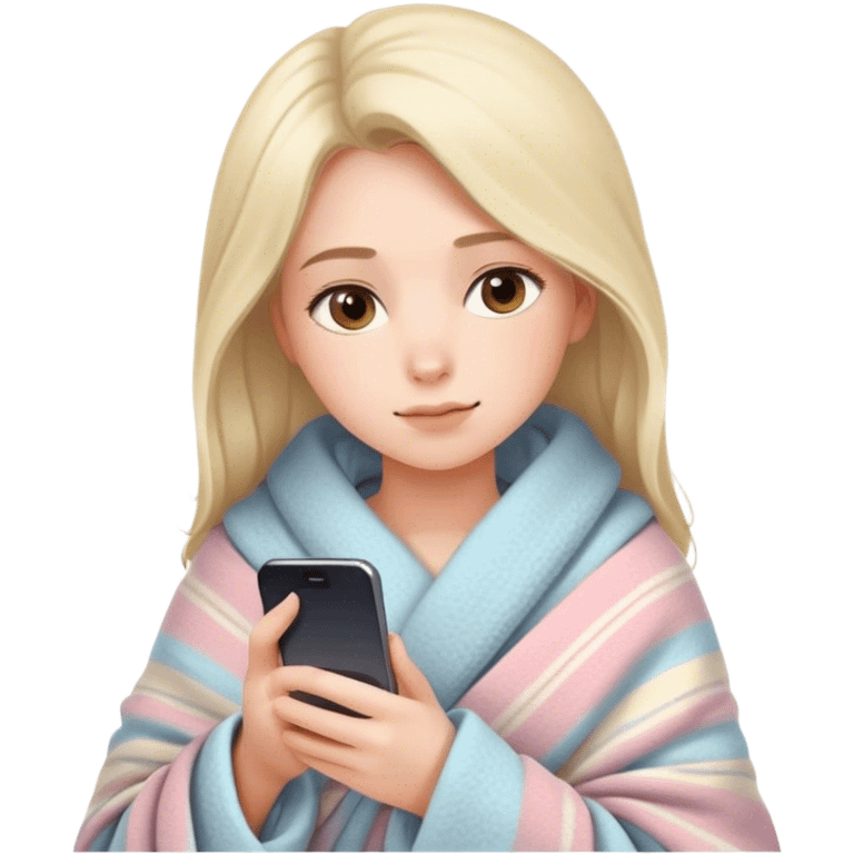 Create an emoji in Apple's iOS emoji style: a young woman wrapped in a cozy blanket, comfortably holding and looking at her smartphone. She has a neutral, relaxed expression, soft facial features, and minimalistic shading typical for Apple emojis. Colors are warm, pastel, and soothing.
 emoji