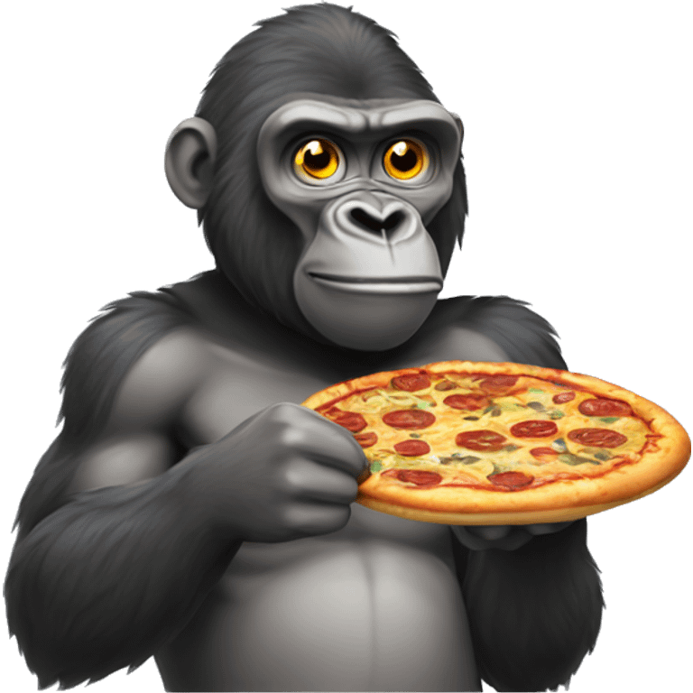 A lanky gorilla wearing a tutu eating pizza emoji