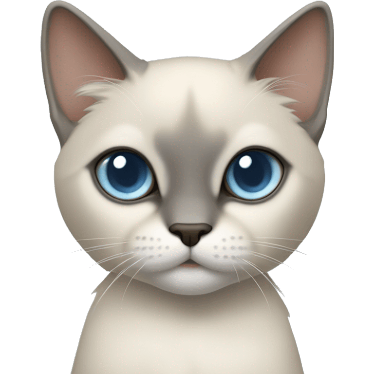 Thai breed cat with a light cream body, dark gray face, ears, and paws. Short fur, sharp ears, and striking light blue eyes with an intense gaze. emoji