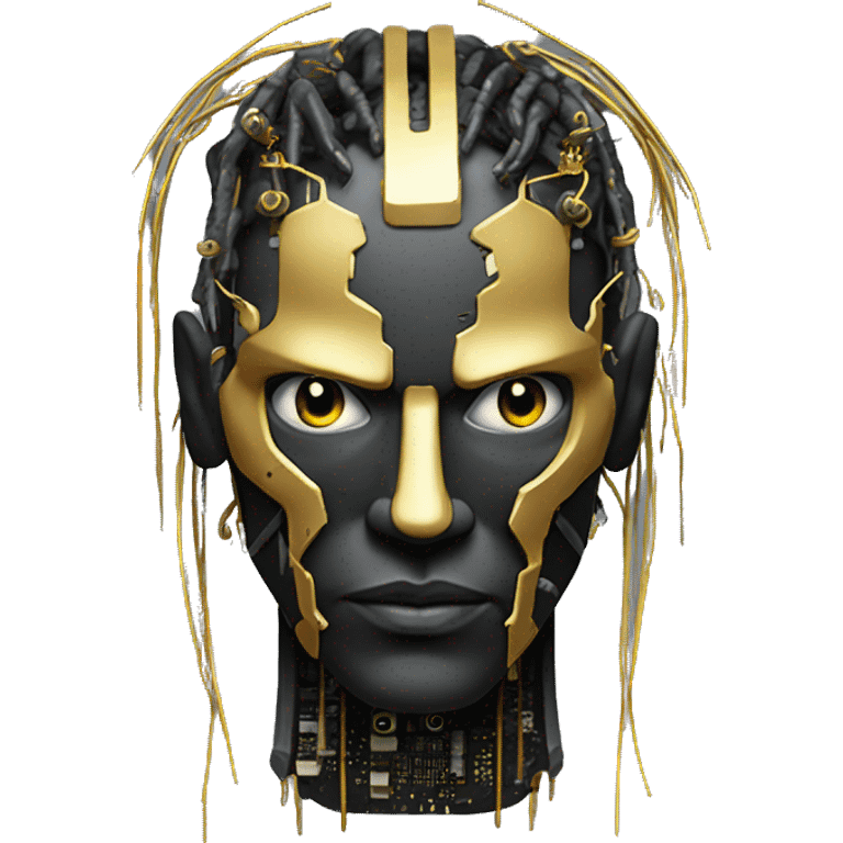 black metal male cyborg head with circuitry and wispy yellow gold hair emoji