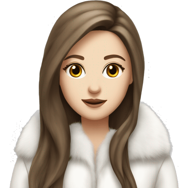 Beautiful white girl with straight brown long hair in white fur-coat emoji