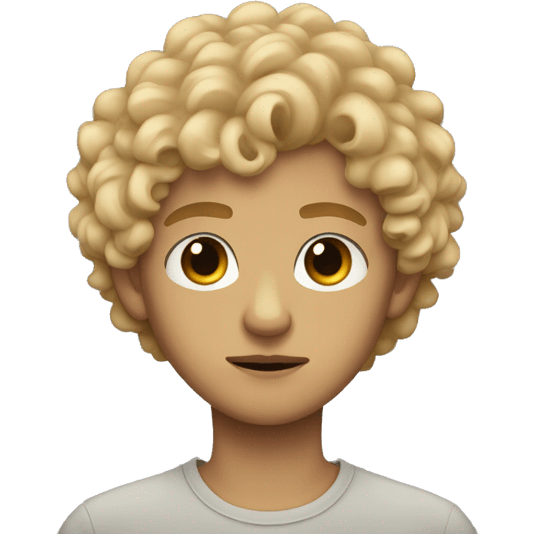 black eyes, very very curly blonde short hair teen boy, serious face, tan skin emoji