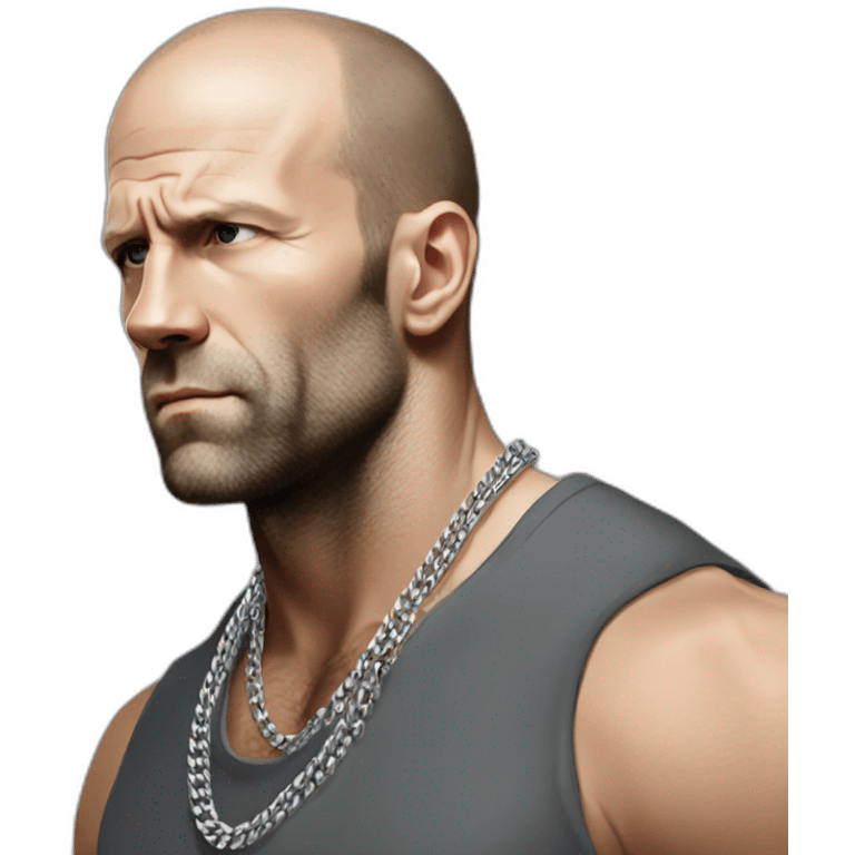 Jason Statham wearing men silver chain,styled,cool,side angle emoji