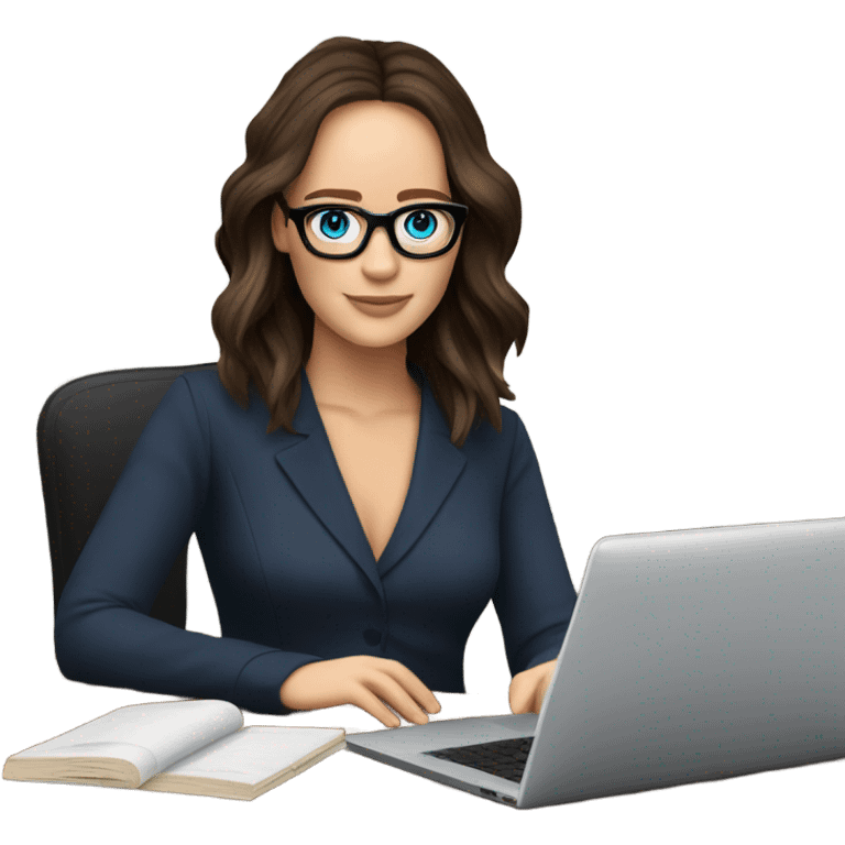 Realistic Photo of Brunette Jennifer Lawrence wearing black glasses and blue eyes  on a laptop  emoji