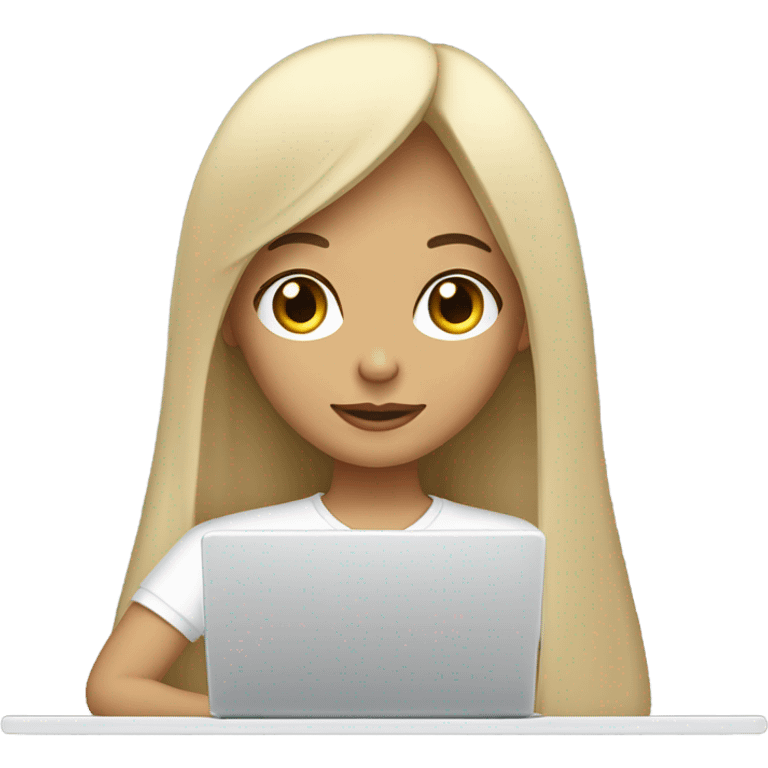 a girl with long dark straight hair and bangs, with fair, blond skin, working with a laptop (she is a marketer). wearing a white oversized t-shirt emoji