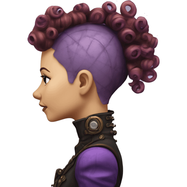 Photorealistic steampunk profile short mohawk purple  curl on Caucasian girl with small nose round face emoji