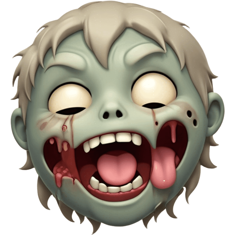 Cinematic Cute Yawning Zombie Portrait Emoji, with a delightfully quirky, slightly disheveled face in muted ashen tones, head tilted back in a big, funny yawn that reveals quirky stitches and playful gaps, simplified yet irresistibly charming, highly detailed with a soft, eerie glowing outline capturing the sleepy, offbeat vibe of a zombie taking a nap! emoji