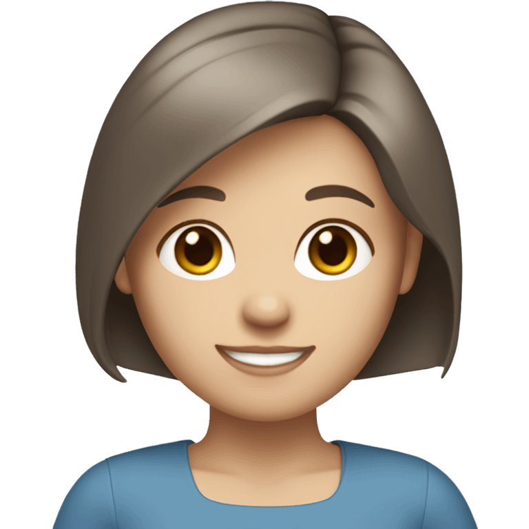 a girl with straight short brown hair, white skin, gray eyes, in a blue blouse is smiling emoji