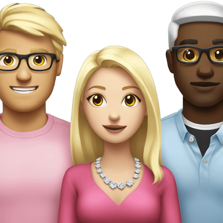 white gal in pink dress and diamond necklace black guy wearing a red shirt glasses” standing with “white gal blonde hair pink dress diamond necklace” emoji