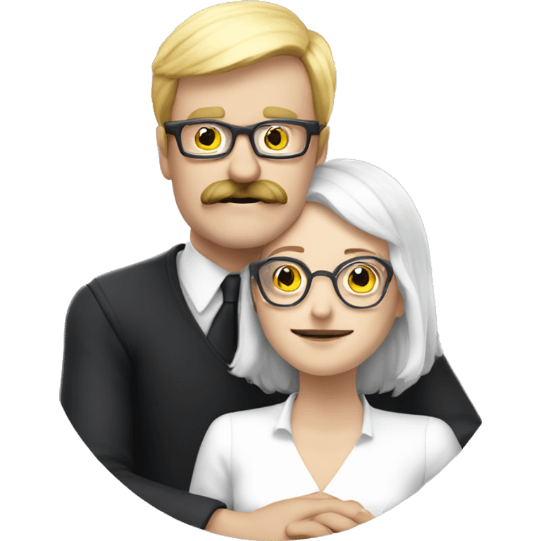 Hug between a bold white man with moustache and glasses and a white woman witch  emoji