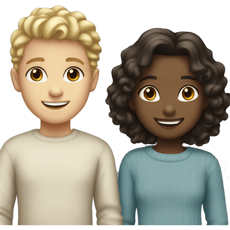 girl with dark hair and is pale and has brown eyes, smiling. with a blonde, kinda curly blue eyed boy who is smiling wearing a sweater. emoji