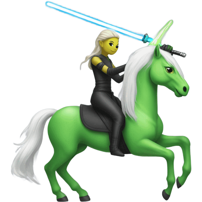 a unicorn with a green alien woman on it holding a lightsaber emoji